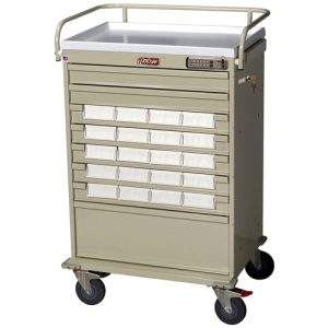 Harloff Value Medication Cart, Top Rail, Pull Out Side Shelf and 3.5' Bins Dividers with Basic Electronic Pushbutton Lock